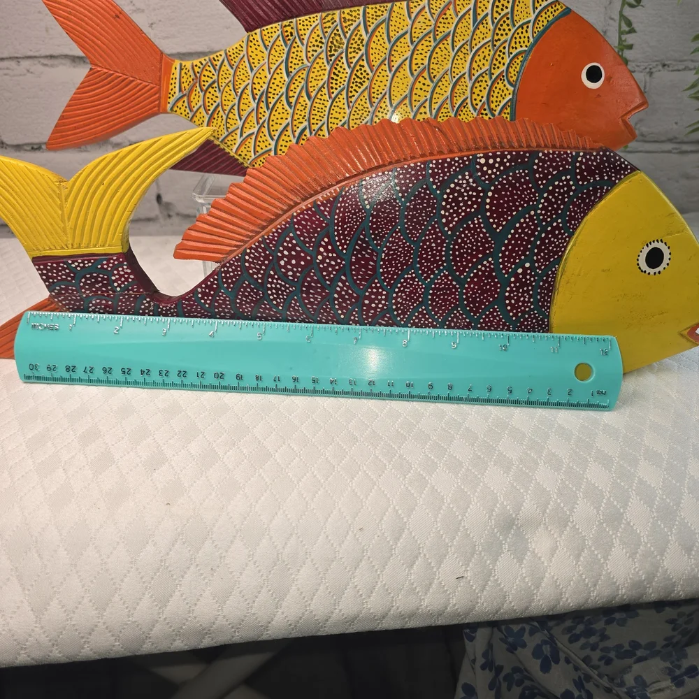 FOLK ART WOOD CARVED FISH SCULPTURE SET BRIGHT MEXICAN BEACH DECOR